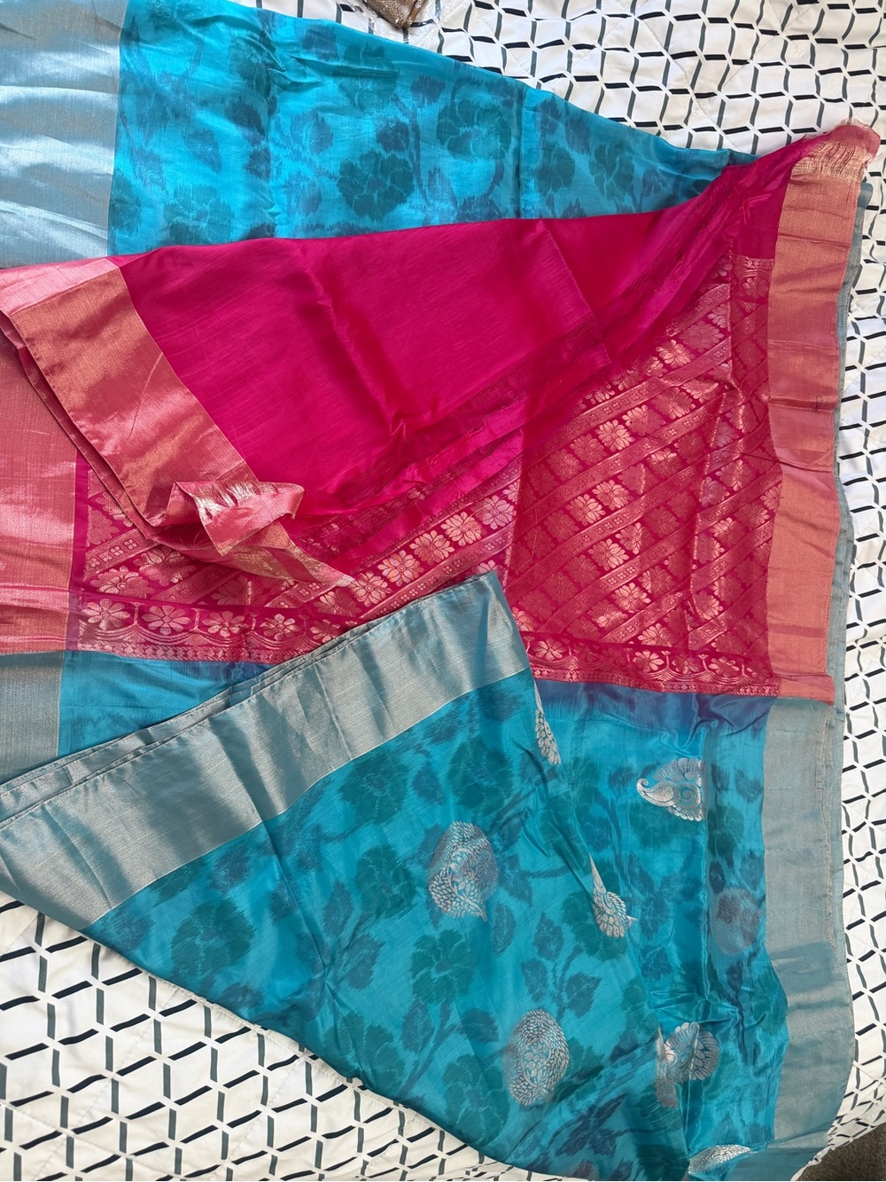 Traditional Women's Silk Sari in blue and pink with Gold Accents